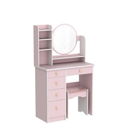 ECACAD Vanity Desk Set with LED Lighted Round Mirror, Makeup Dressing Table with 5 Drawers, Storage Shelves & Cushioned Stool for Bedroom, Pink - style: Pink-With Light