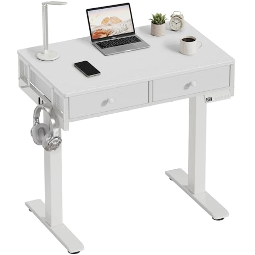 White Electric Standing Desk with Drawers, 32 Inch Small Adjustable Desk with Storage, Stand Up Computer Study Writing Desks for Small Space Home Office Bedroom, Sit Stand Work Desks for Walking Pad - color: White, size: 31.5''