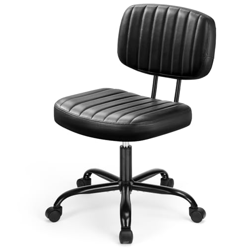 Armless Office Chair, Swivel Rolling PU Leather Vanity Chair with Back Lumbar Support Height Adjustable Computer Chair, Small Desk Chair for Home Office (Black) - color: Black