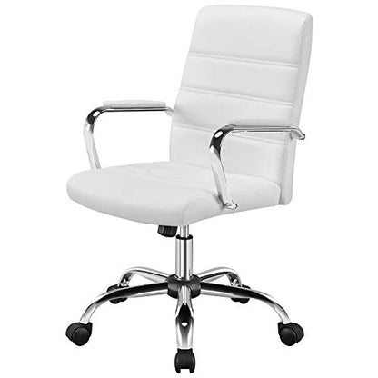 Yaheetech White Office Chair PU Leather Swivel Rocking Desk Seat with Arms | Foam-padded channel-stitched PU leather back supports desk hours; chrome frame rocks, adjusts in height, rolls on casters. - color: White
