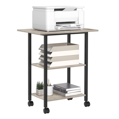 Lerliuo 3-Tier Printer Stand, Industrial Mobile Printer Table with Storage Shelf and Steel Frame, Rolling Printer Cart Holder with Lockable Wheels for Home, Office (Oak) - color: Oak, size: 3-Tier