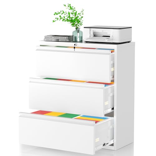 Pataku Metal Lateral File Cabinet with Lock, Steel Filing Cabinet 3 Drawer, Locking Office Home Wide Organization File Cabinets for Hanging Files Letter/Legal/F4/A4 Size, (White-3Drawer) - color: White, size: 3 drawer