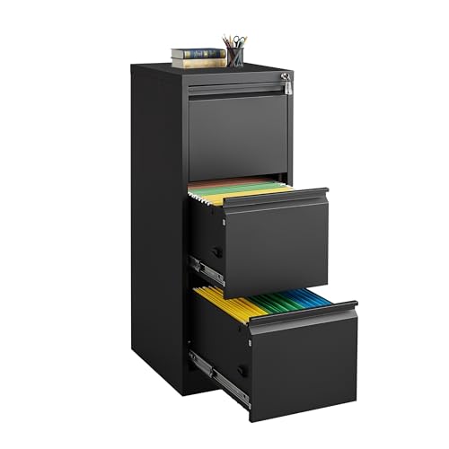 GarveeHome 3 Drawer Vertical File Cabinet with Lock, Black Metal Filing Cabinet with Drawers for Home Office, Lockable Storage Cabinet Hanging Letter Size/Legal Files
