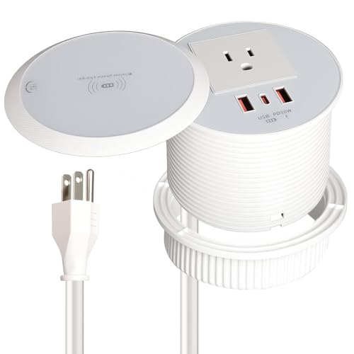Desk Power Strip with 15W Wireless Charger, PD 20W USB-A, QC 3.0 USB-C Fast Charging Embedded Power Outlet, Recessed Power Outlet with AC outlets and 6FT Cord - color: white