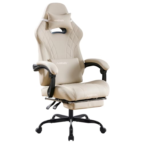 Gaming Chair with Footrest and Massage Lumbar Support, Ergonomic Computer Gamer Chair, Office Video Game Chairs with Adjustable Height and Backrest (Beige) - color: Beige
