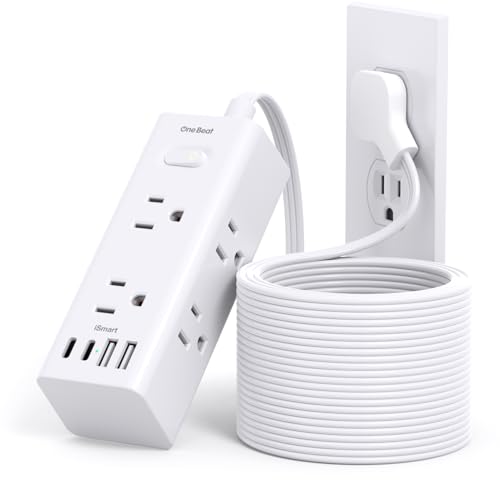 20Ft Extension Cord with Multiple Outlets, Flat Plug Power Strip Surge Protector with 20 Ft Long Cord, 6 Outlet 4 USB Ports (2 USB C), Multi Outlet Wall Plug for College, Dorm Room Essentials(White) - color: White, size: 20FT