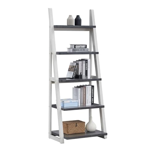 5-Tier Ladder Shelf, 72.01'' Tall Freestanding Bookshelf, Rustic Wood Storage Display Rack, Space-Saving Leaning Ladder Design for Living Room, Home Office, Grey