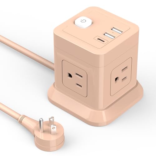 FDTEK Cube Power Strip with USB C, 4 Outlets 3 USB 5 FT Extension Cord Pink | Flat Plug Design Widely Spaced Outlets with USB C Space Saving Design for Dorm Desk Travel & Bedroom ETL Listed - color: Pink, size: 5FT