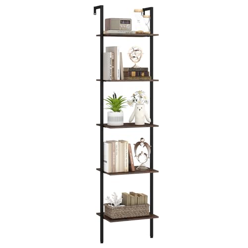 GIANTEX 5 Tier Ladder Shelf, Wall Mount Bookshelf with Anti-Tipping Kits & Metal Frame, Industrial Decorative Bookcase, Vertical Open Storage Display Shelf for Living Room Bedroom Home Office (1)