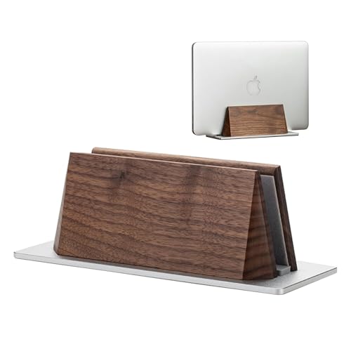 muso wood Vertical Laptop Stand, Walnut Laptop Holder Desktop Stand with Adjustable Dock Size, Wooden Laptop Stand for MacBook Pro and Other Laptops
