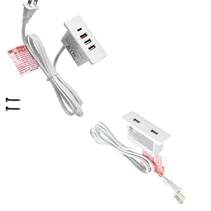 Powered USB C Hub Socket Recessed USB C Power Strip Outlet with Fast Charge 4 USB Ports 20W Mounted into Bed Desk Table Sofa (White)