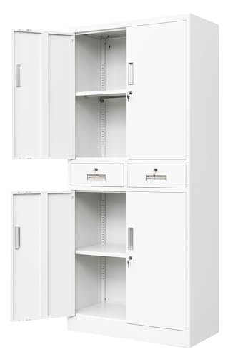 Wanfu Metal Storage Cabinet, Locking Storage Cabinet with Adjustable Shelves and 2 Drawers, 16" D x 32" W x 71" H Steel Cabinets for Office, Garage, Home, Classroom, Utility Room(White) - color: White, size: 71"-2drawers