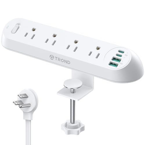 TROND Desk Clamp Power Strip 20W USB C, 6ft Cord, 1700J, ETL Listed | Surge Protector with 4 Outlets 4 USB Ports, Flat Plug, Fits 1.97 inch Tabletop Edge, for Home Office Accessories, White - color: White, size: 6FT (4 Outlets & 4 USB Ports)