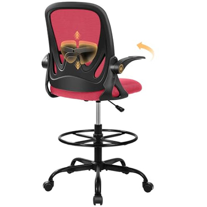 Primy Drafting Chair Tall Office Chair with Flip-up Armrests Executive Ergonomic Computer Standing Desk Chair with Lumbar Support and Adjustable Footrest Ring (Fire Brick) - color: Fire Brick, size: 934-Z