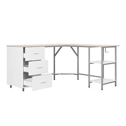 Techni Mobili 59" Two-Tone L‑Shaped Office Desk with Storage Shelves, Sand - color: Sand