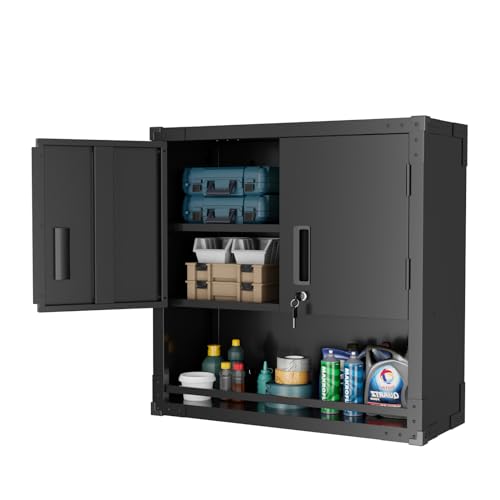 VINGLI Garage Wall Cabinet with Locking Doors and Adjustable Shelf, Metal Wall Cabinet, Floating Upper Storage Cabinet (Black, 30''W x 12''D x 30''H) - color: Black, size: 30'' Wall Cabinet (2-Door & 3-Shelf)