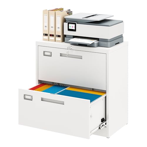 Metal Lateral 2 Drawer File Cabinet with Lock, Wide Filing Cabinet for Letter/Legal/F4/A4 Hanging Files, Storage Cabinet for Home Office School, White - color: White, size: 27.95"H x 28.35"W x 15.75"D