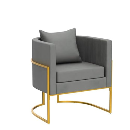 Velvet Accent Barrel Chairs Set of 2, Modern Arm Club Chair Set with Pillow for Living Room/Bedroom/Guest Reception, Channel Tufted, Gold Finish Base, Grey - color: Grey, size: 2 PCS