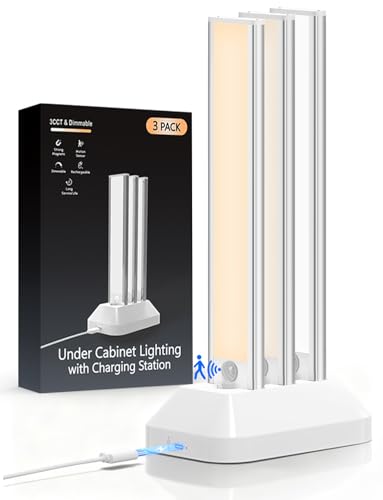 VerRon 3-Pack Under Cabinet Lighting with Charging Station, 10inch | 2000mAh Rechargeable, 3 Color Temps, Dimmable, Magnetic Mount, Wireless Motion Sensor Lights for Kitchen, Closet, Stair - color: 3CCT-3 pack, size: 10 inch