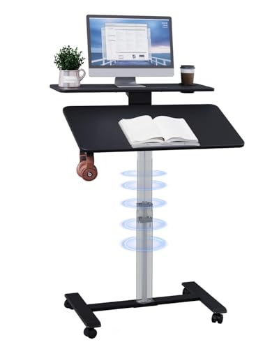 Pneumatic Standing Desk with Wheels - Adjustable Height 28" - 46" & 0-90° Tilt, 31.5" x 17.7" Skin-Feel Desktop, Rolling Computer Desk for Home Office, Hospital, School (Black) - color: Black