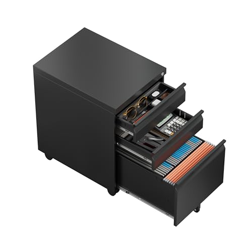 Locking File Cabinet 3 Drawers on Wheels Under Desk, Metal Filing Cabinets for Home Office, A4, Letter-Size Files, Hanging File Folders-Black - color: Black, size: 3 Drawer-on wheels