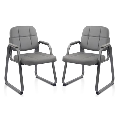 CLATINA Leather Guest Chairs Set of 2, Office Reception with Padded Arms, Desk Chair with Sled Base for Office Conference Waiting Room, Grey - color: Grey-sled Base, size: 2pack