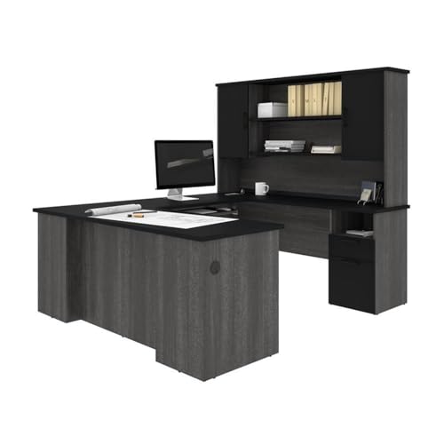 Pemberly Row U-Shaped Computer Desk with Hutch, Engineered Wood, Black and Bark Gray Finish, 71 in Wide, Reversible Design, Storage Drawers, Adjustable Shelves, Modern Office Desk for Organized - color: Black-bark Gray