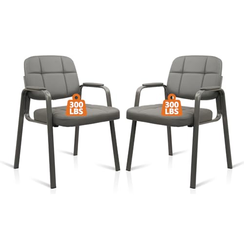 CLATINA Office Reception Guest Chair No Wheels, Leather Stationary Waiting Room Chairs with Padded Arms for Elderly Desk Conference Room Lobby Table Side Salon Grey 2 Pack - color: Grey, size: 2 Pack