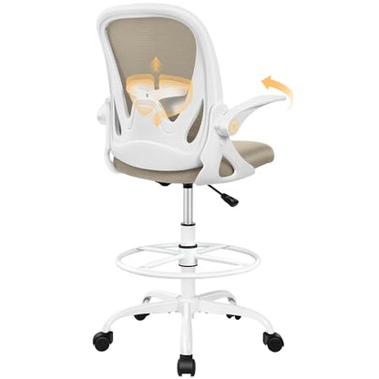 Drafting Chair Tall Office Chair with Flip-up Armrests Executive Ergonomic Computer Standing Desk Chair with Lumbar Support and Adjustable Footrest Ring（Khaki） - color: Khaki, size: 934-Z