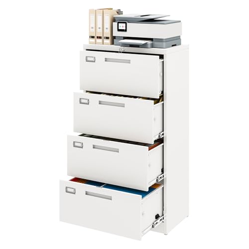 Metal Lateral 4 Drawer File Cabinet with Lock, Wide Filing Cabinet for Home Office Organization Hanging Files Letter/Legal/F4/A4 Size (White, Assembly Required) - color: White, size: 51.7"H x 28.35"W x 15.75"D