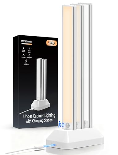 VerRon 6-Pack Under Cabinet Lighting with Charging Station, 14inch | 2000mAh Rechargeable, 3 Color Temps, Dimmable, Magnetic Mount, Wireless Motion Sensor Lights for Kitchen, Closet, Stair - color: 3CCT-6 pack, size: 14 inch