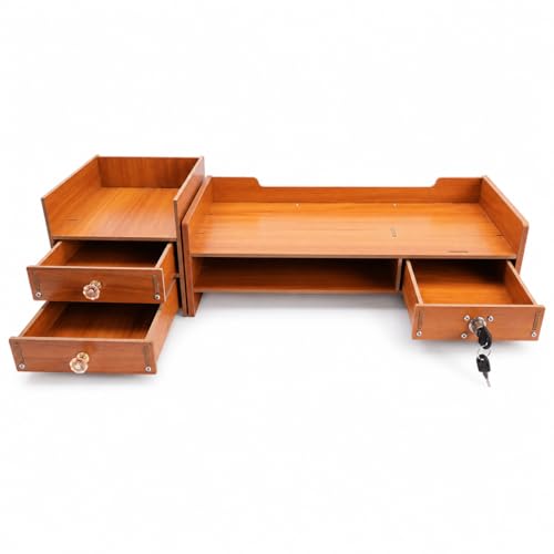 Wood Monitor Stand With Drawer, 3 Storage Drawers, Tabletop Riser