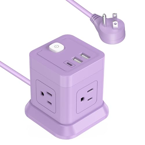 FDTEK Cube Power Strip USB C, 4 Outlets 3 USB 10 FT Extension Cord Purple | 10ft Long Cord Purple Cube Power Strip with USB C Flat Plug Design Perfect for Home Office & Travel ETL Listed - color: Purple, size: 10FT