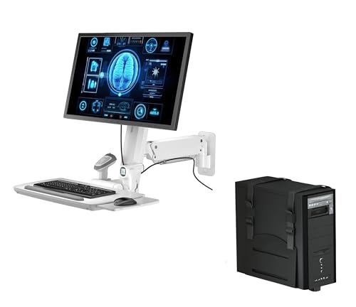 MED02 Medical Wall Mount Workstation with Folding Keyboard Tray | Large Sliding Mouse Pad | Height Adjustment Space Save Folding Design for 17"-35" Screen | Scanner Holder With CPU Wall Mount