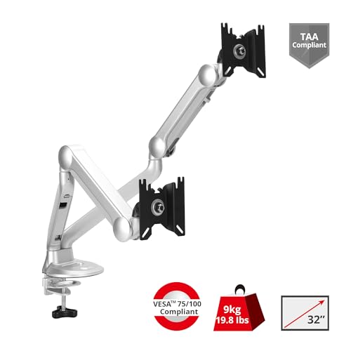 SIIG Dual Gas-Spring Monitor Arm, 32", 19.8 lbs Each, TAA, CE-MT3X11-S1 | Adjust two displays independently with gas-spring motion; VESA 75/100 and cable routing support cleaner desks. - style: 32" Max
