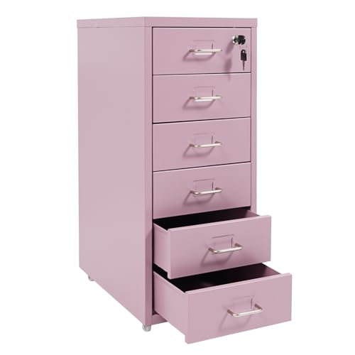 6 Drawers File Cabinet with Lock Rolling Mobile Filing Cabinet with Wheels Under Desk Vertical Filing Cabinet for Office/Home Metal (Purple) - color: Purple