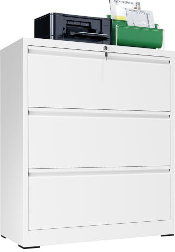 3 Drawer Lateral File Cabinet, Metal Filing Cabinet for Home Office, White | Heavy-Duty Steel Locking Large File Cabinet, Hanging Letter/Legal/A4 Size, Full-Extension Silent Drawer, Un-Assembly - color: White, size: 3 Drawers (35.43 in Width)