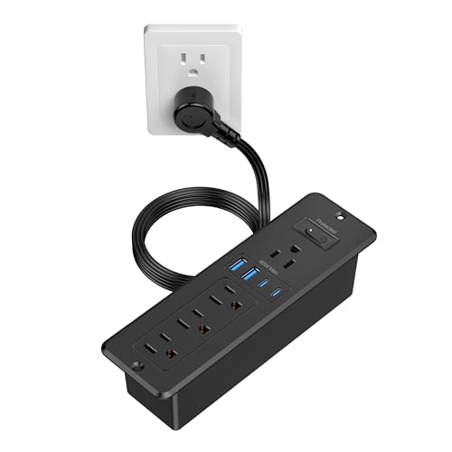 65W USB C Recessed Power Strip, Flush Mount Recessed Outlet | Hidden Furniture Charging Station with 4 Outlets & 2 GaN USB C & 2 USB-A Ports for Drawer Cabinet 6FT Cord Black - color: Black, size: 6 FT