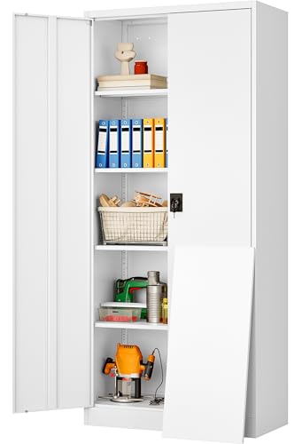 Wide & Deep Metal Storage Storage Cabinet with Adjustable Shelves,White Metal Cabinet with Lock,Steel Pantry Cabinets,72" Lockable Cabinets for Home,Office,Garage,Kitchen,Shop - color: White, size: 72"H x 36"W x 18"D