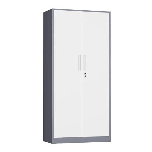 Metal Storage Cabinet, 72" H Lockable Steel Cabinets with Locking Doors, Storage Locker with Adjustable Shelves for Office, Home, Garage, Gym, School (White Grey) - color: White Grey, size: MSC-D16