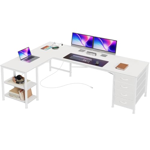 Huuger 55 Inch L Shaped Desk with Fabric Drawers, Reversible Computer Gaming Desk with Power Outlets and USB-C Port, Adjustable Side Storage Shelves, for Work Corner Home Office, White - color: White, size: 55 inch