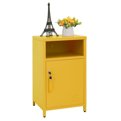 ALBAD Metal Nightstand with Lockable Cabinet | Industrial Bedside Table with Open Shelf, Small Storage Locker Side Table for Bedroom, Living Room, Dorm and Office, Yellow - color: Yellow, size: 26"H-Lockable Door
