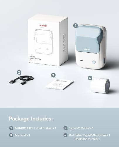 NIIMBOT B1 Label Maker Machine with Tape, 2Inch Thermal Label Printer - color: Light Blue, style: 1 Printer+1 Roll Label