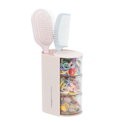 FABROK 3-Layer Hair Accessories Organizer with Brushes Holder, Rotating Small Jewelry Box for Hair Ties Clip Earring Necklaces, Bathroom Vanity Desktop Organizer Case for Cotton Swab(Pink) - color: Pink, size: 3-Layer
