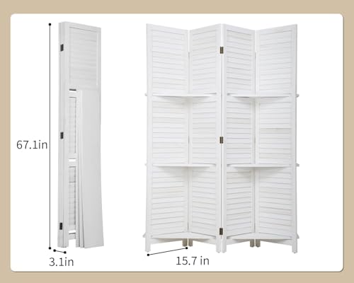FDW 4 Panel Room Divider Folding Privacy Wooden Screen with Three Clever Shelf Portable Partition Wood Divider for Home Office, White