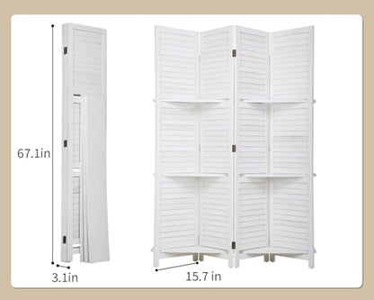 FDW 4 Panel Room Divider Folding Privacy Wooden Screen with Three Clever Shelf Portable Partition Wood Divider for Home Office, White