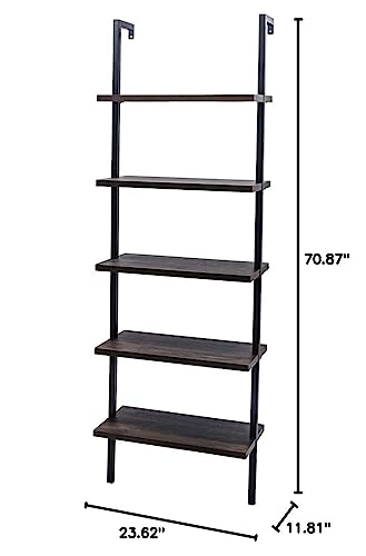 Ladder Shelf Bookshelf, 5-Tier Industrial Bookshelf with Metal Frame and Wood Board, Wall Mounted Bookcase Open Shelf Organizer for Living Room,Home Office, Bedroom,Walnut&Black - color: Walnut & Black