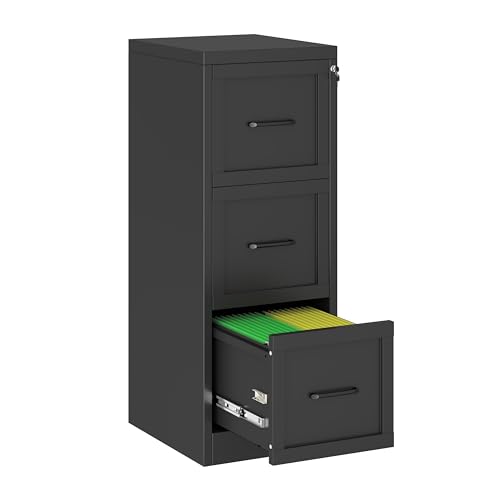 pozdeg 3 Drawer Vertical Metal File Cabinet with Lock, Black | Narrow Vertical Steel Storage Organizer, Fits Letter/A4/Legal Documents, Secure Lock Design for Office & Home Storage ﻿ - color: Black, size: 17.72"D x 14.96"W x 40.5"H