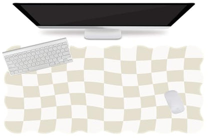 L-SPOUTTO Beige Checkered Mouse Pad,Scalloped Desk Mat XXL Gaming Mousepad | Geometric Large 35.4x15.7in Non-Slip Rubber Base Keyboard Pad Waterproof Desktop Mat for Laptop Computer Game Home Office - color: Beige Checkered