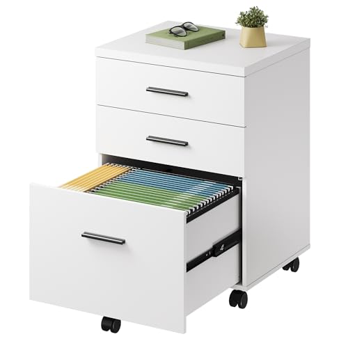DEVAISE 3 Drawer File Cabinet for Home Office, Wood Under Desk Filing Cabinet, Rolling Printer Stand with Wheels, White - color: White, size: 15.7"D x 18.1"W x 25.6"H